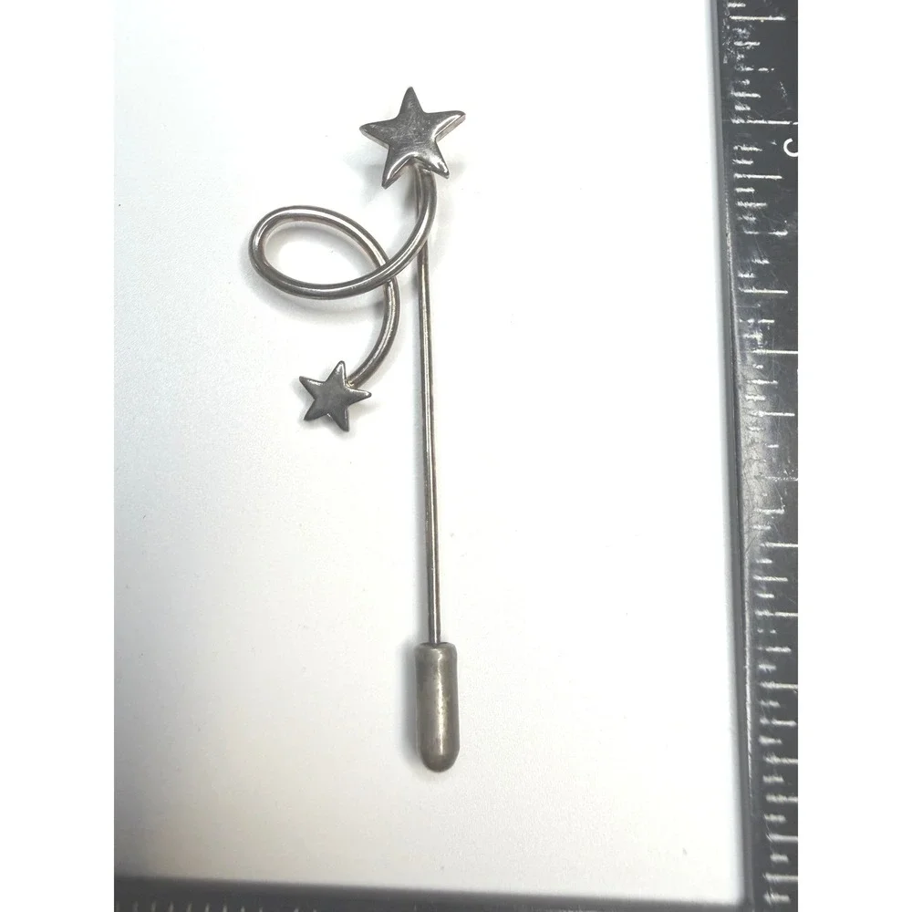 Vintage Silver Tone Double Star Spiral Stick Pin Celestial Lapel Scarf Jewelry